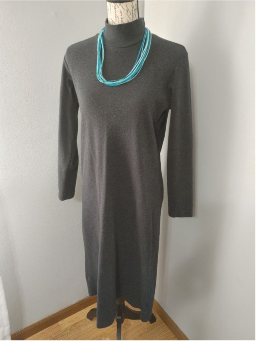 Vtg Women's Lands' End Long Sleeve Mock Turtleneck Cotton Dress S Gray